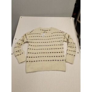 Loft Women's ChristmasSweater Size M Cream Metallic Striped Pullover Soft Chunky